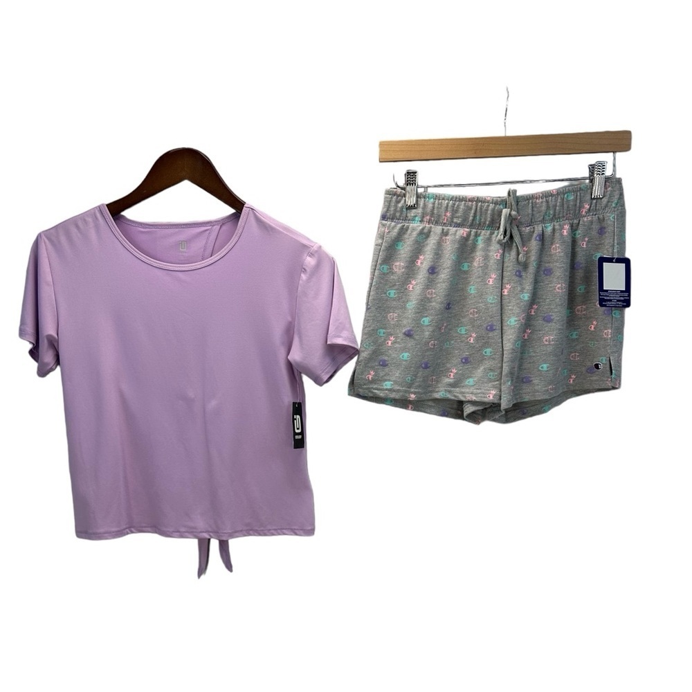 Bundle: Girls Tie Back T-Shirt & Elastic Waist Logo Print Shorts - Grey Purple